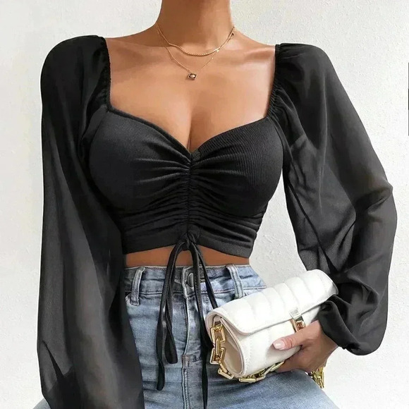 Black Casual Women's Sweetheart Neck Drawstring Lantern Sleeve Crop Top - Picture 1 of 5